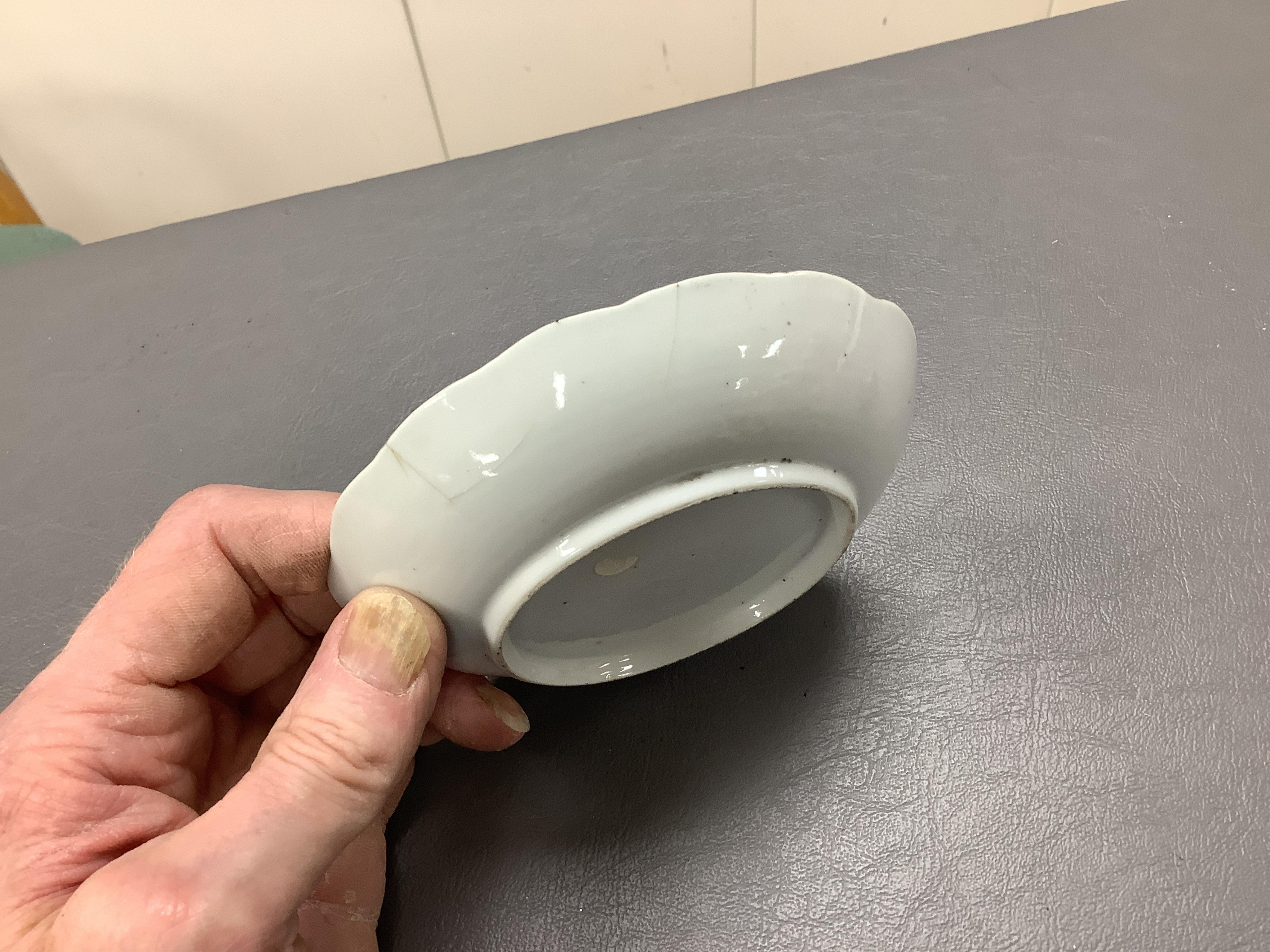 An 18th/19th century Chinese tea bowl and saucer, a punch bowl, two tea bowls and a Paris porcelain vase, largest 31cm